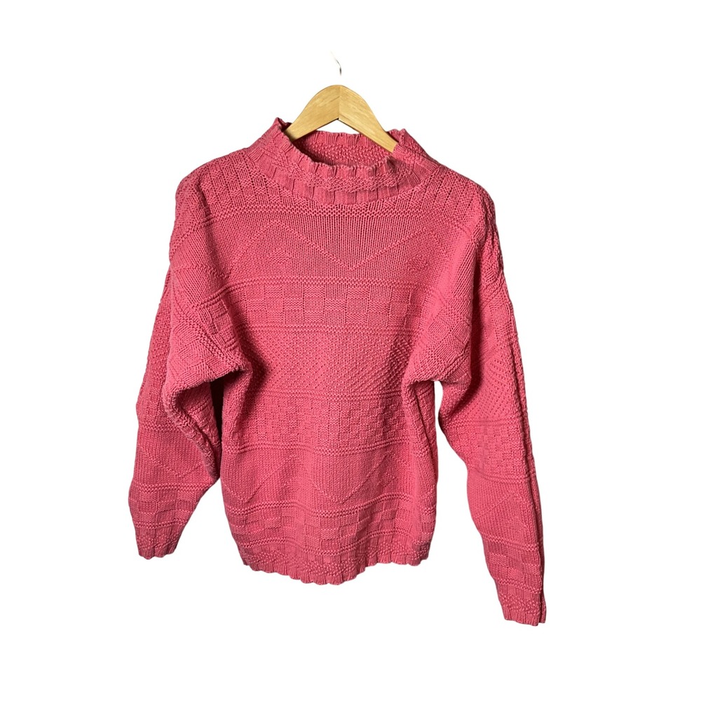 Vintage 80s Bel-Air Original Mock Neck Cotton Knit Sweater Coral Pink Texture